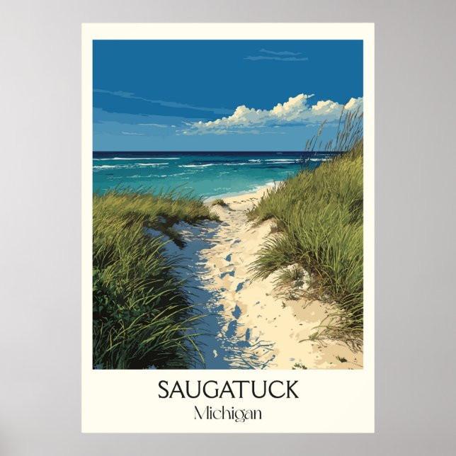 Saugatuck Michigan Vintage Dune Beach Travel Art Poster (Front)