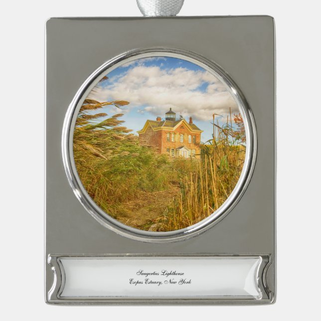 Saugerties Lighthouse Silver Plated Banner Ornament (Front)