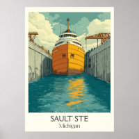 Sault Ste. Marie MI Vintage Soo Locks Ship Art