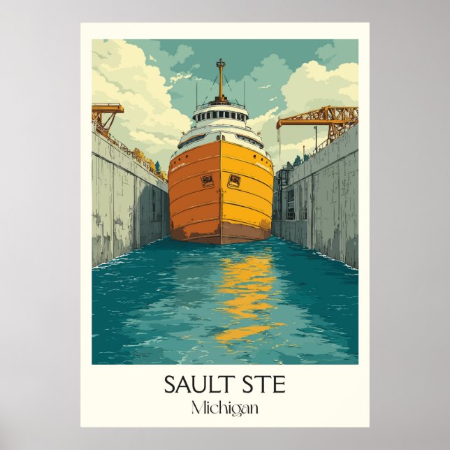 Sault Ste. Marie MI Vintage Soo Locks Ship Art Poster (Front)