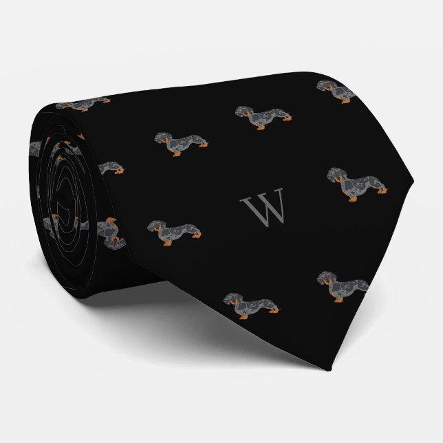 Sausage Dachshund Dog Monogrammed Initials Black Tie (Rolled)