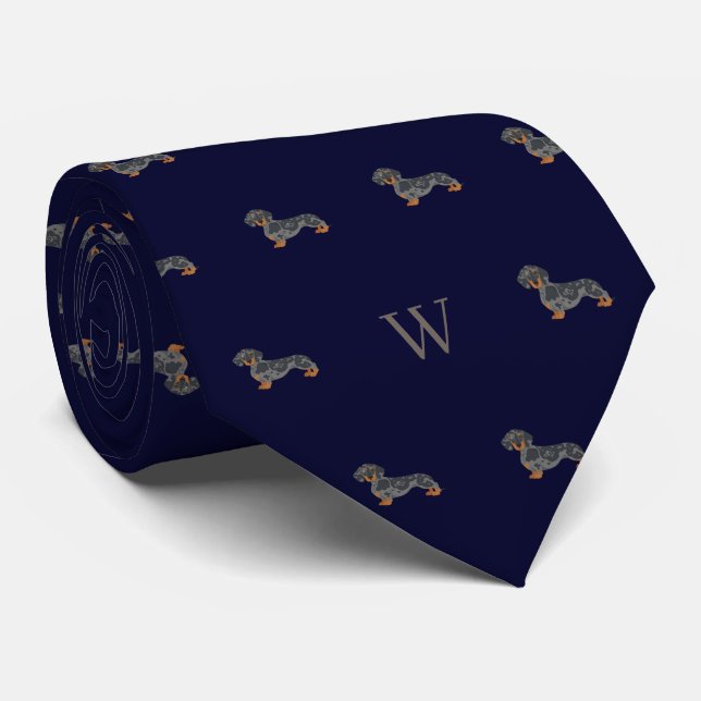 Sausage Dachshund Dog Monogrammed Midnight Blue Tie (Rolled)