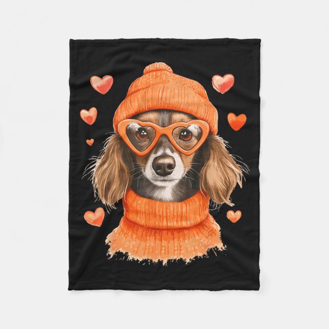 Sausage Dog Heart Doxie Girl Valentine's Day Women Fleece Blanket (Front)