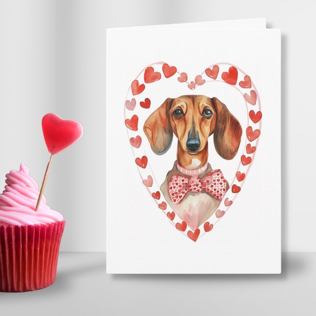 Sausage Dog Valentines Day Watercolor Custom Text  Holiday Card (sausage dog dachshund valentines day dog mom dog dad pink personalized text)
