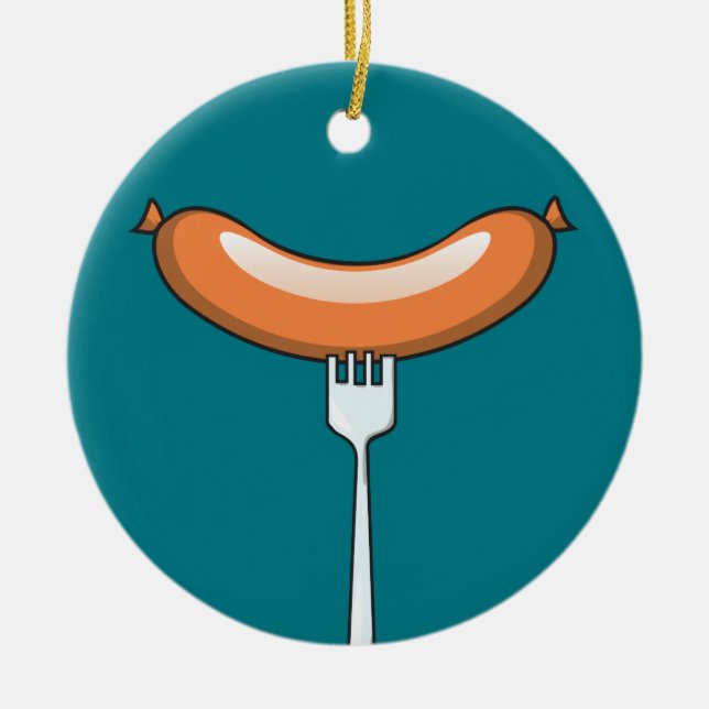 Sausage on a fork ceramic tree decoration (Front)