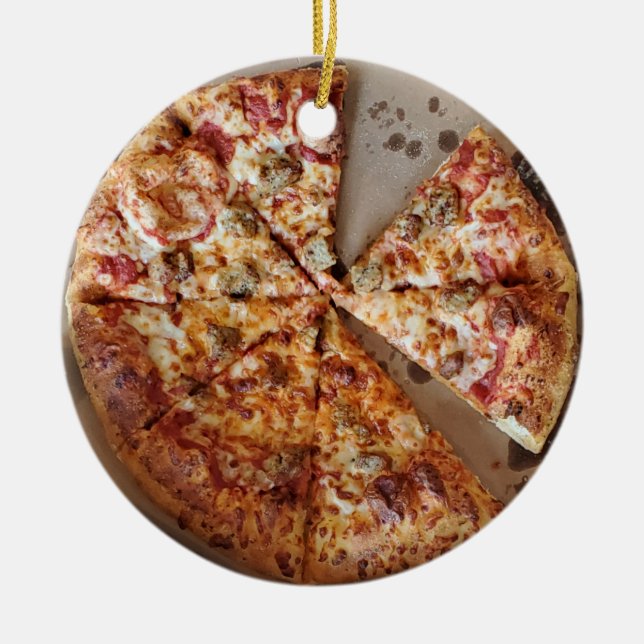 Sausage Pizza Thick Crust Food Christmas Ceramic Tree Decoration (Front)
