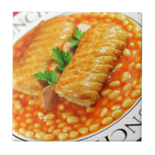 Sausage rolls and baked beans tile