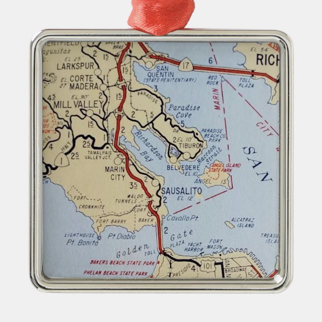 Sausalito Mill Valley Map Metal Tree Decoration (Front)