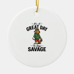 Savage Dog Vintage Engraving T-Shirt Design_1 Ceramic Tree Decoration