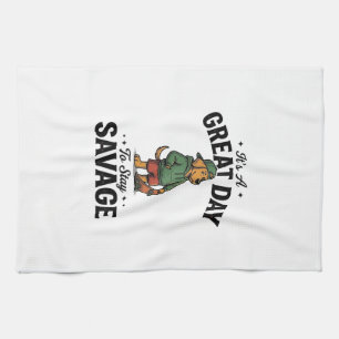 Savage Dog Vintage Engraving T-Shirt Design_1 Tea Towel