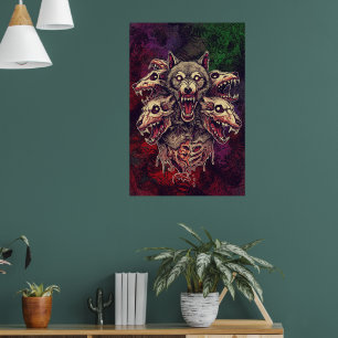 Savage Multi-Headed Demon Wolf Art Poster
