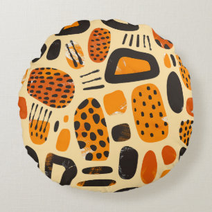 "Savanna Pop: Tribal Vibes in Orange & Black" Round Cushion