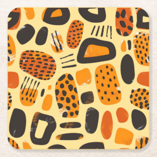 "Savanna Pop: Tribal Vibes in Orange & Black" Square Paper Coaster