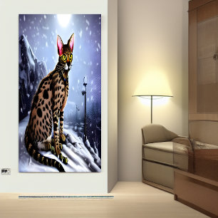 Savannah cat in the snowy mountain   AI Art  Poster