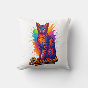 Savannah Cat Pop Art – Vibrant Neon Splash Design Cushion