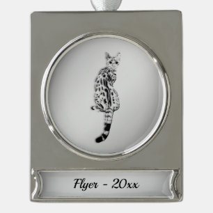 Savannah Cat Silver Name and Year Plated Banner Ornament