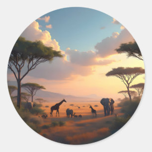 Savannah Dawn – African Sunrise Landscape Classic Round Sticker