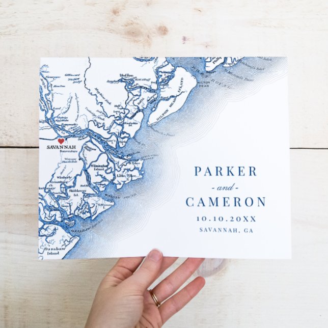 Savannah GA Map Wedding Keepsake Wall Art Print (Savannah GA Wedding Map Elegant Keepsake Art Print in navy blue from Coastal Map Designs)