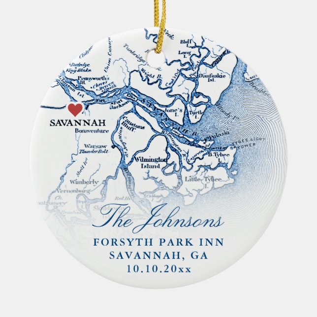 Savannah GA Map Wedding Photo Christmas Ceramic Tree Decoration (Front)