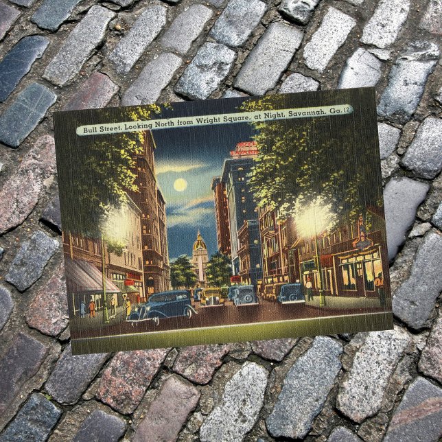 Savannah GA Street Night Vintage Illustration Postcard (Creator Uploaded)