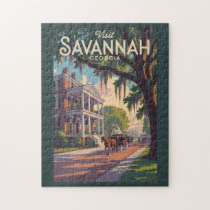 Savannah Georgia Horse Carriage Illustration Retro Jigsaw Puzzle
