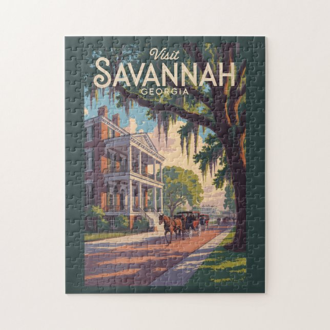 Savannah Georgia Horse Carriage Illustration Retro Jigsaw Puzzle (Vertical)