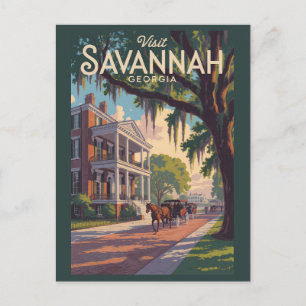 Savannah Georgia Horse Carriage Illustration Retro Postcard