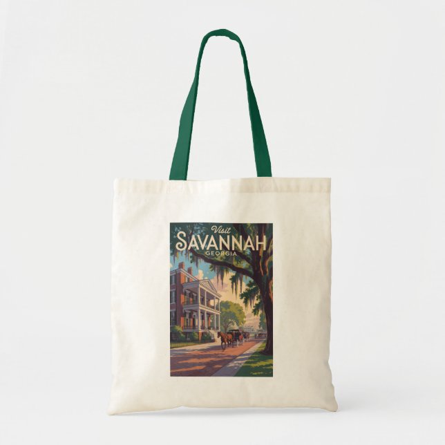 Savannah Georgia Horse Carriage Illustration Retro Tote Bag (Front)