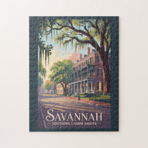 Savannah Georgia Illustration Travel Art Vintage Jigsaw Puzzle