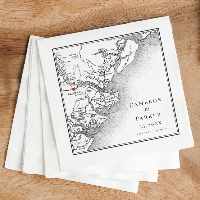 Savannah Georgia Map Elegant Black White Wedding Napkin (Elegant Savannah Georgia Custom Wedding napkins with personalized black and white map )