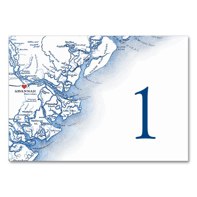 Savannah Georgia Map Elegant Navy Blue Wedding Table Number (Front)