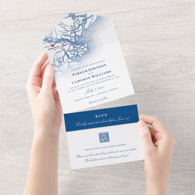 Savannah Georgia Map Elegant Navy Wedding All In One Invitation (Tearaway)