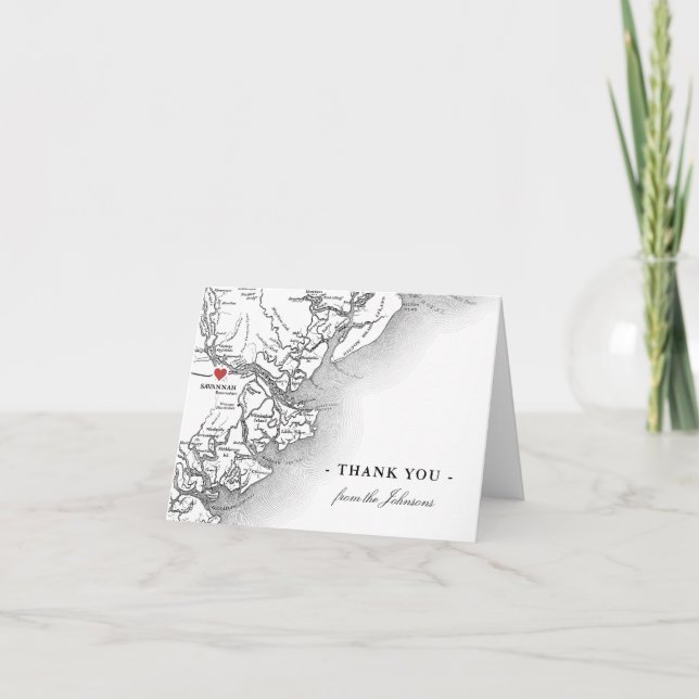 Savannah Georgia Map Wedding Personalised Thank You Card (Front)