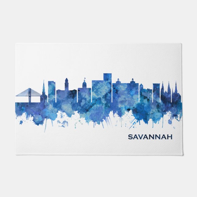 Savannah Georgia Skyline Blue Doormat (Front)