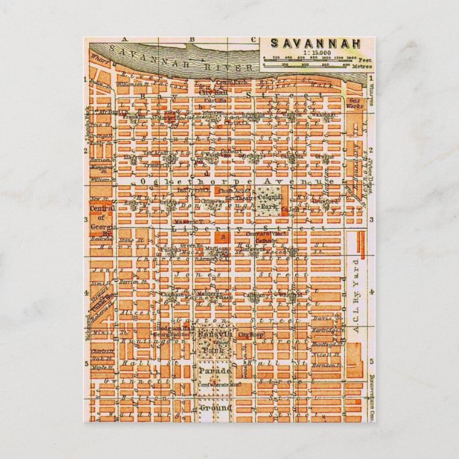 Savannah Georgia Vintage Map Postcard (Front)