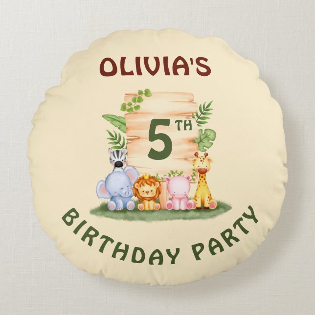 Savannah giraffe lion hippo zebra elephant  round cushion (Front)