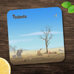 Savannah Landscape Wild Animals Brown Blue Square Paper Coaster<br><div class="desc">This coaster illustration depicts a savannah landscape in brown, earthy tones on a contrasting blue sky. Wild animals appear from left to right: a mother elephant and her baby, a leopard, a giraffe, a lion, a monkey sitting on a tree branch, a zebra, and an eagle soaring in the sky....</div>