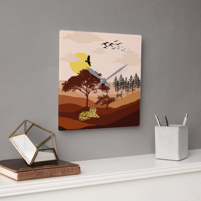Savannah Nature Landscape Sunset Art Square Wall Clock (Office)
