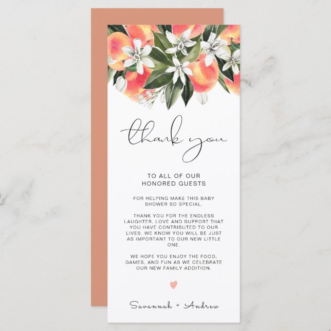 SAVANNAH Peach Baby Shower Table Thank You Card (Front/Back)