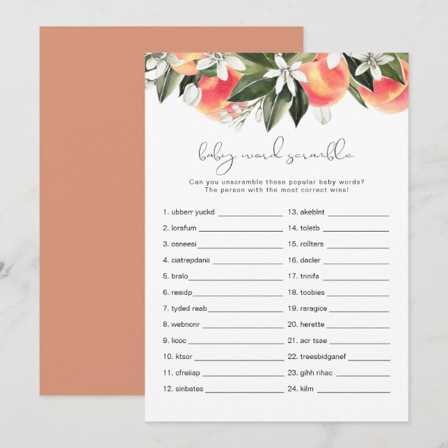 SAVANNAH Peach Baby Word Scramble Baby Shower Game Invitation (Front/Back)