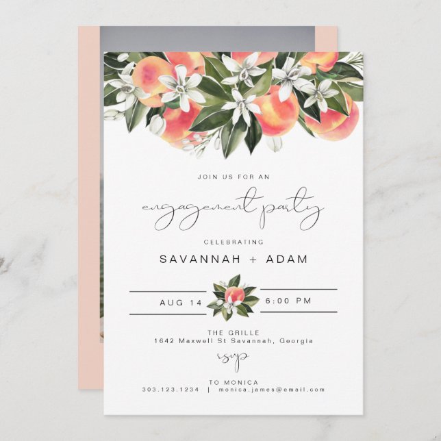  SAVANNAH Peach Botanical Floral Engagement Party Invitation (Front/Back)