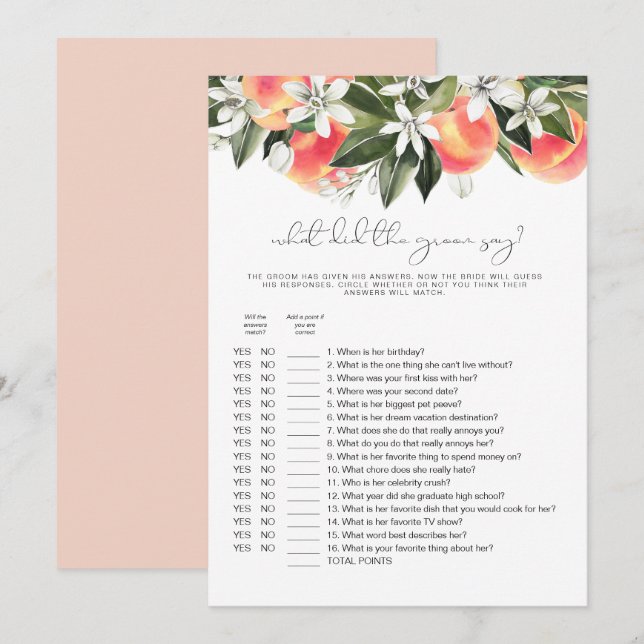 SAVANNAH Peach What Did The Groom Say Bridal Game  Invitation (Front/Back)