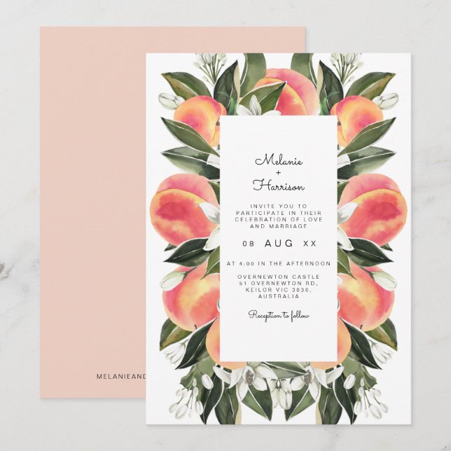 Savannah - Watercolor Peach Botanical Wedding Invitation (Front/Back)