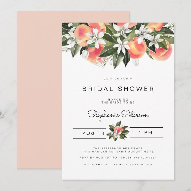 Savannah - Watercolor Peach Floral Bridal Shower Invitation (Front/Back)
