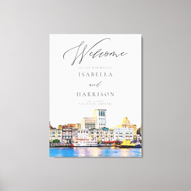 SAVANNAH Watercolor Skyline Wedding Welcome Canvas Print (Front)