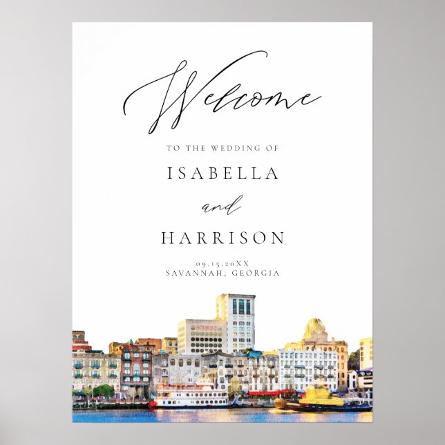 SAVANNAH Watercolor Skyline Wedding Welcome Sign (Front)