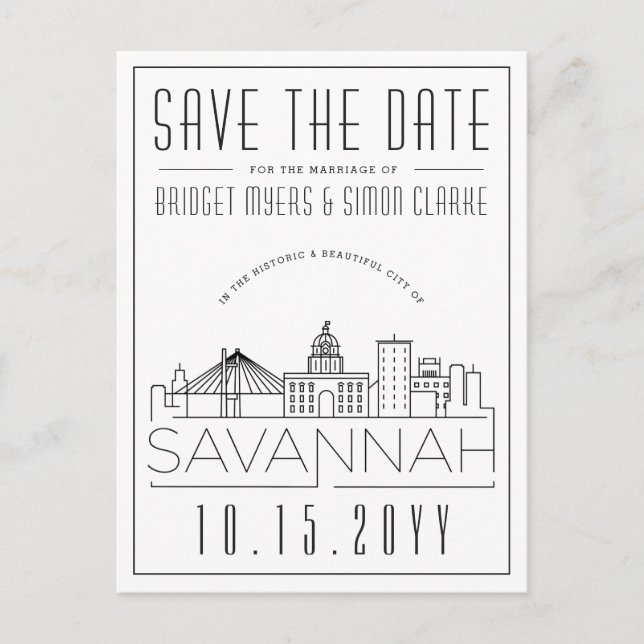 Savannah Wedding | Stylised Skyline Save the Date Postcard (Front)