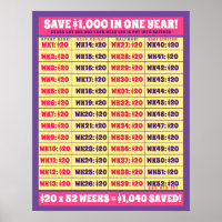 Save $1,000 in One Year! Money Goals Pink & Purple