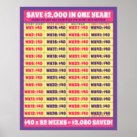 Save $2,000 in One Year! Money Goals Pink & Purple