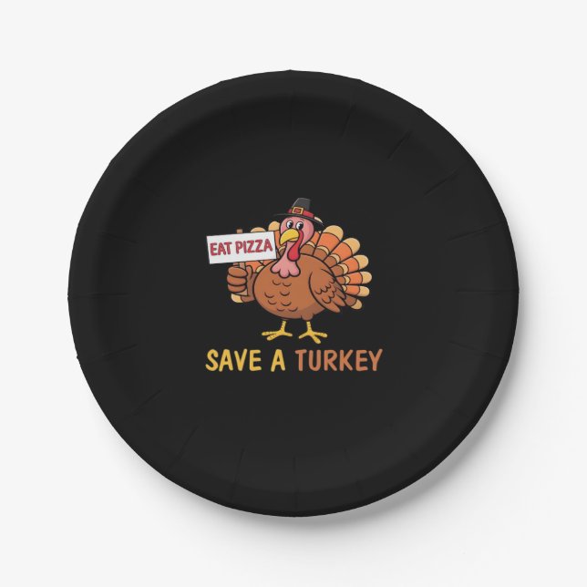 Save A Turkey Eat Pizza Funny Thanksgiving Classic Paper Plate (Front)
